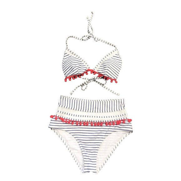 Coco Ship 10 High Waisted String Bikini Swimsuit Gray White Striped Pink Pom Pom - Picture 15 of 15